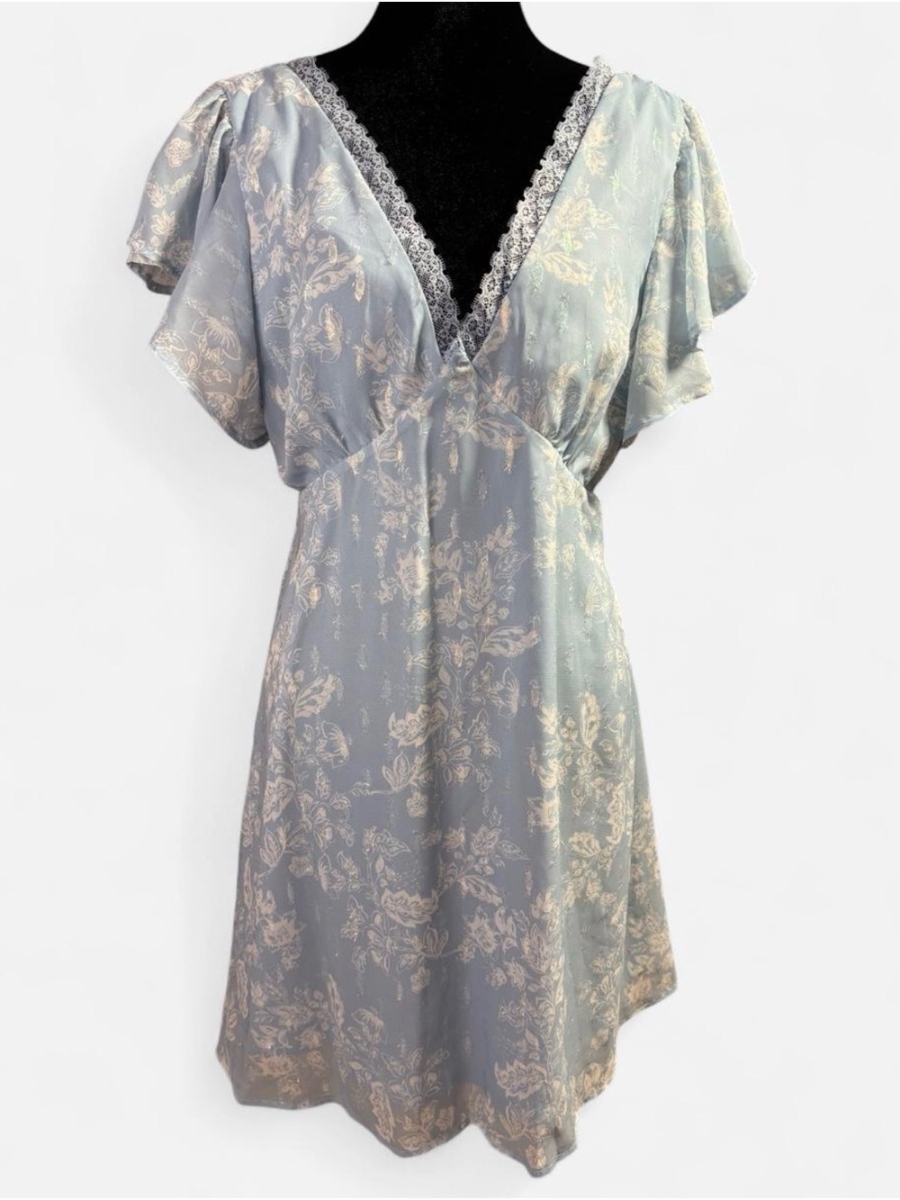 Altar'd State Dusty Blue Floral Lace-Trim Midi Dress